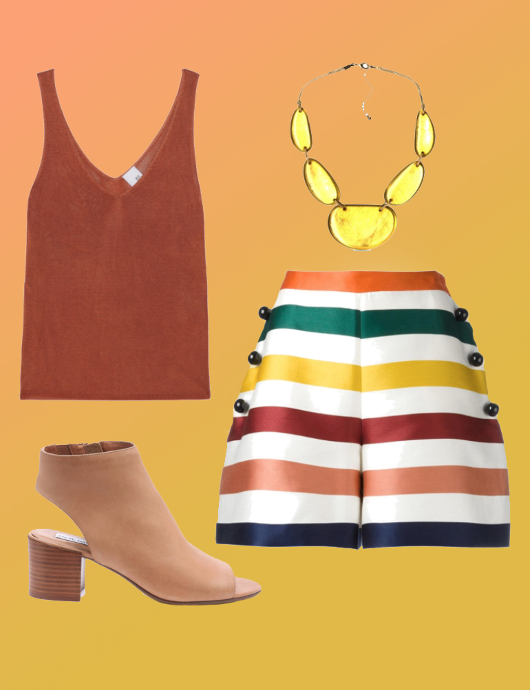Top: Iris and Ink, Shorts: Carolina Herrera,&nbsp;Shoes: Steve Madden, Necklace: Kim Rogers