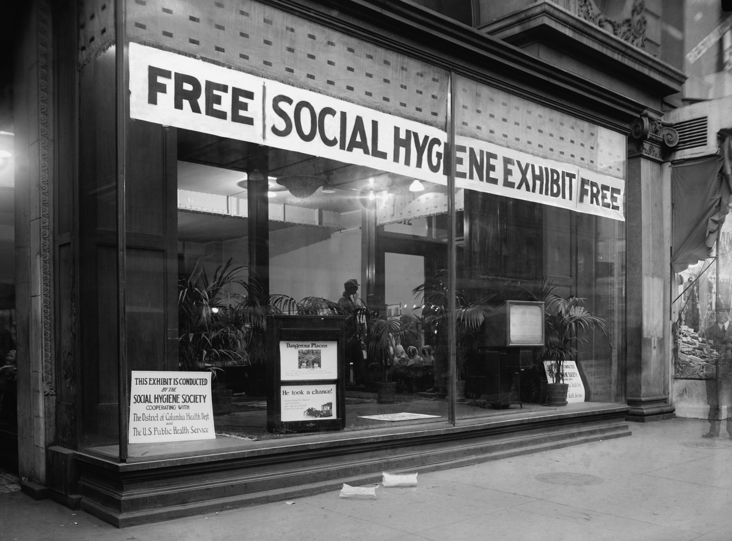 photo: Social Hygiene Society storefront in Washington, D.C in 1922. The Progressive-era movement sought to control venereal disease, regulate prostitution and vice, and disseminate sexual education. credit: Everett Historical