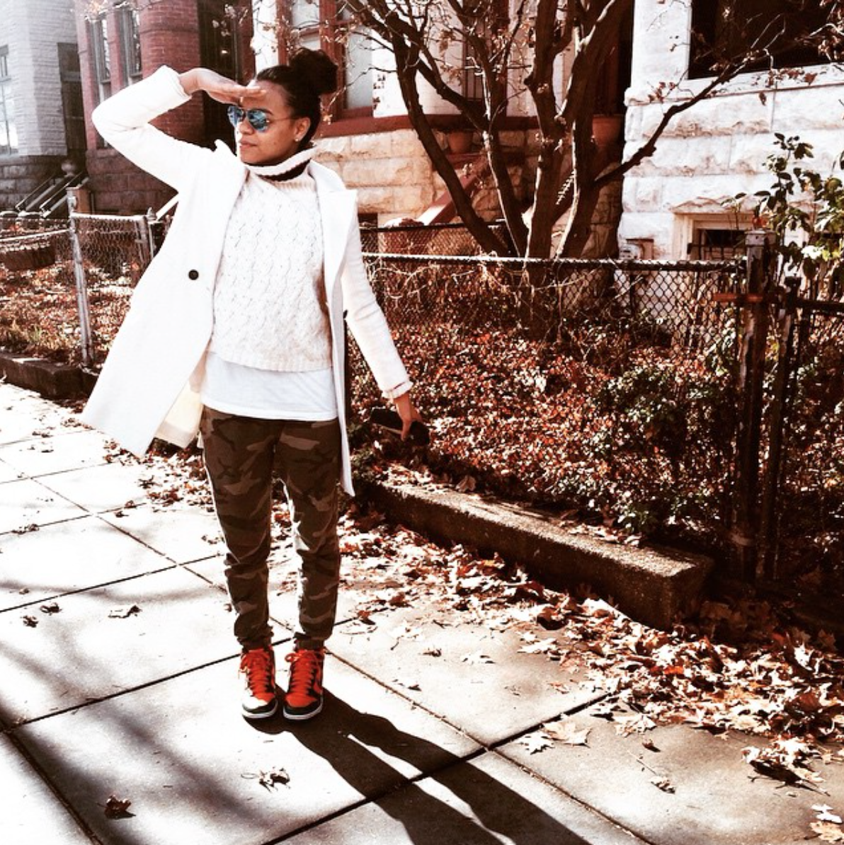 wearing: Topman joggers, Jones New York sweater, American Apparel tee, Club Monaco coat, custom Nike ID sneakers, Ray Ban aviators.&nbsp;