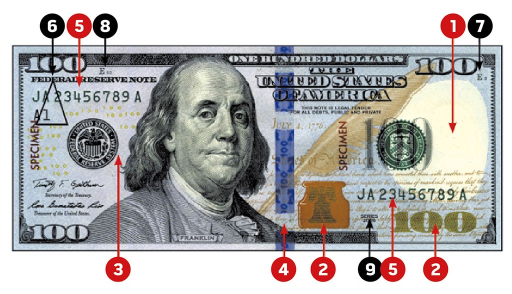 KNOW YOUR MONEY: 1. Watermark 2. Color-shifting ink 3. Security thread 4. 3D security ribbon 5. Serial numbers 6. Federal Reserve indicators 7. Note position and number 8. Face plate number 9. Series year 10. Back plate number (not shown) . CREDIT: …