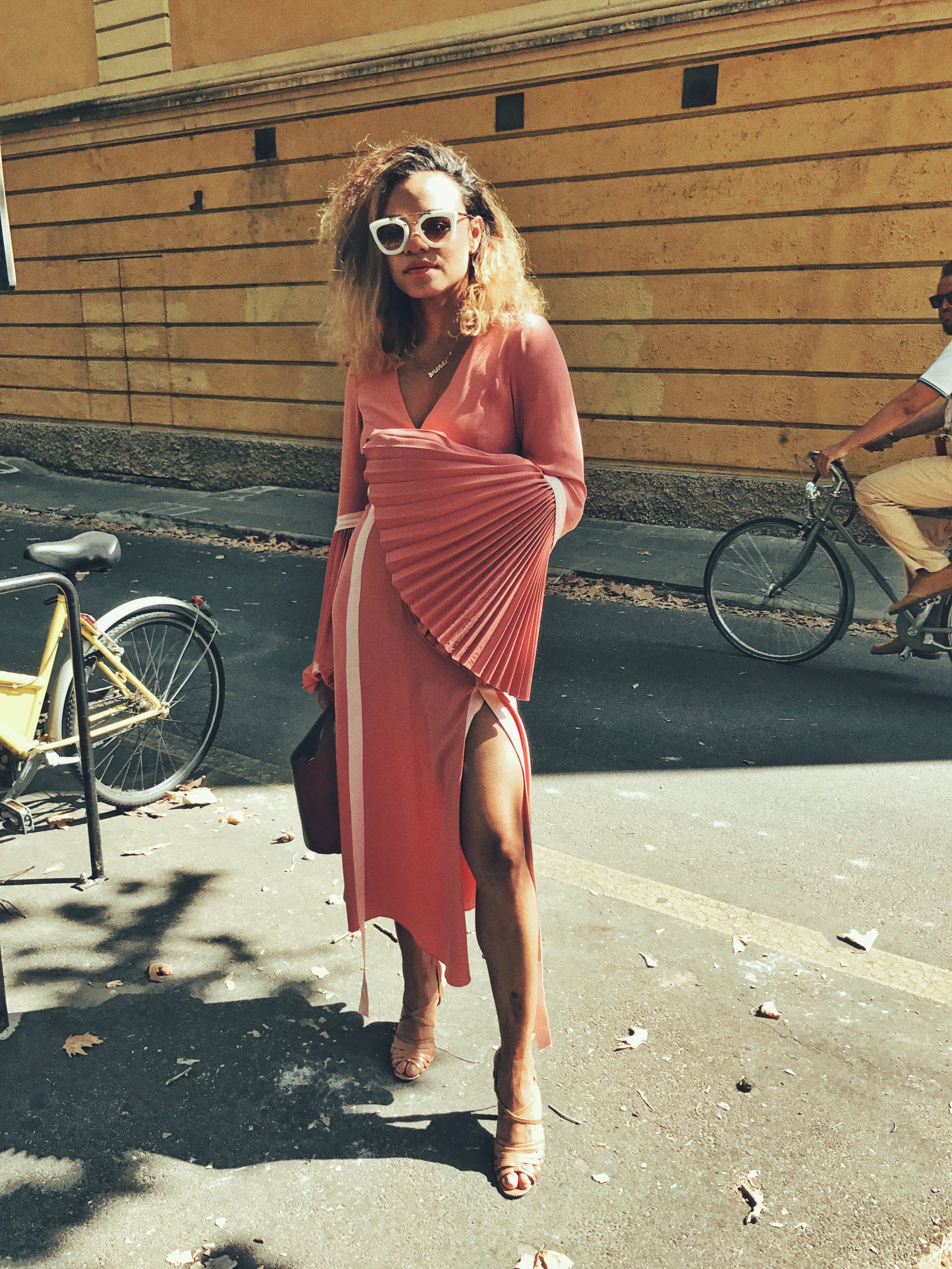 Dress: Prabal Gurung, Shoes: Manolo Blahnik, Sunnies: Prada